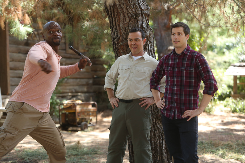 Crews (left), Lo Truglio, and Samberg in season three of Brooklyn Nine-Nine (Photo: Fox)